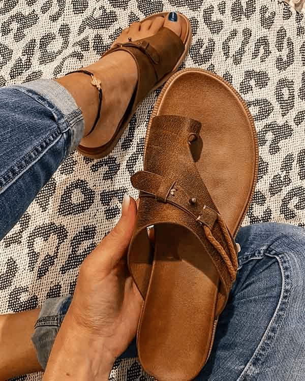 Women's flat toe ring slide sandals in distressed taupe with cognac footbed, boho summer slip-on