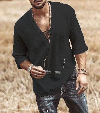 Men's relaxed fit cotton shirt with lace closure neckline and breathable three-quarter sleeves