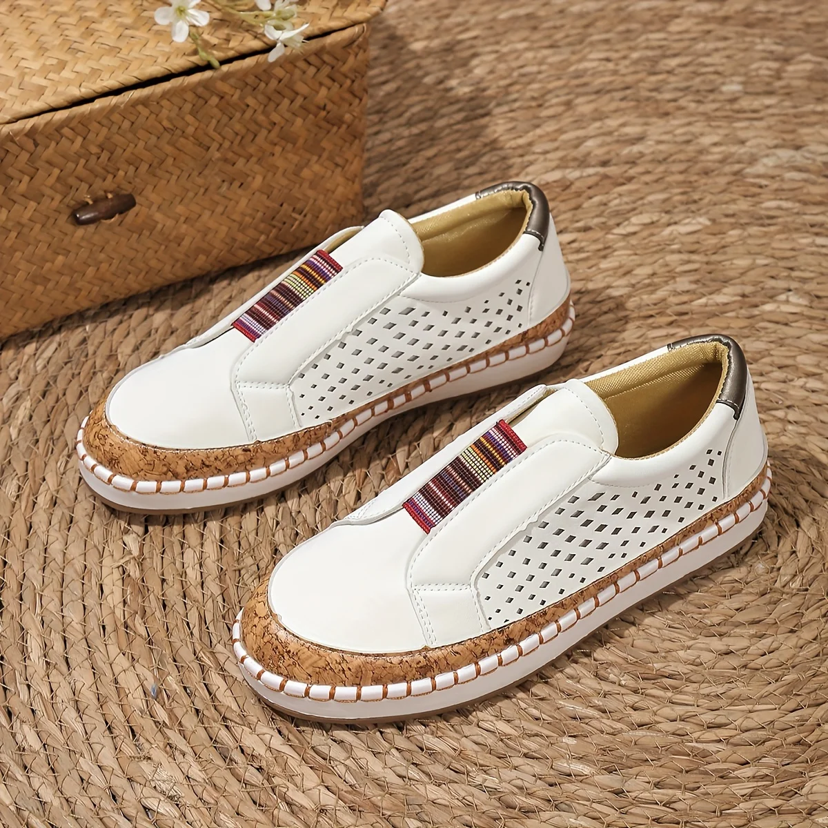 Men's tan faux leather orthopedic slip-on loafers with perforated cork sole and round toe