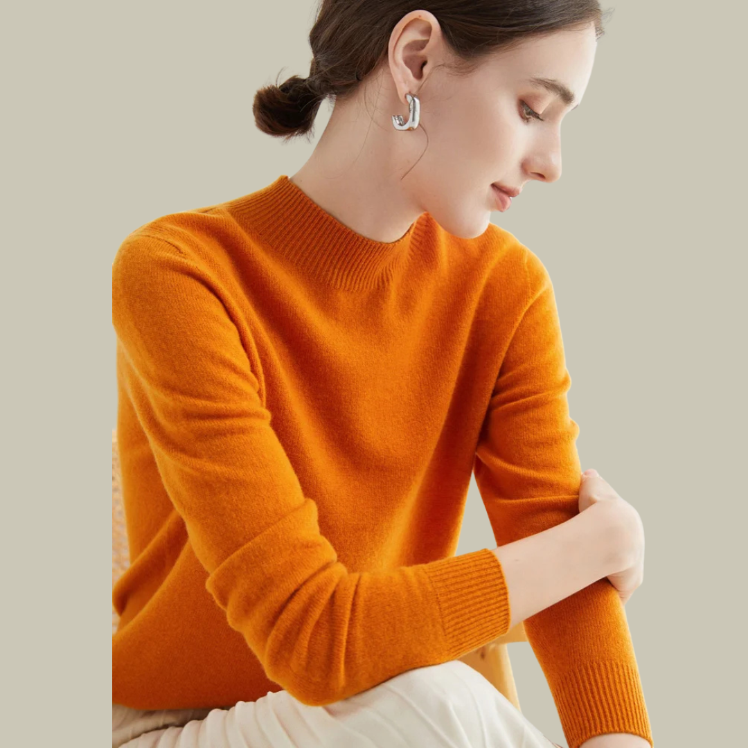 Ivy women's slim fit merino wool high neck sweater in classic neutral, ribbed collar, sleek silhouette