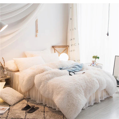 Ivory plush velvet duvet cover set with quilted pillow covers, soft hotel-style bedding