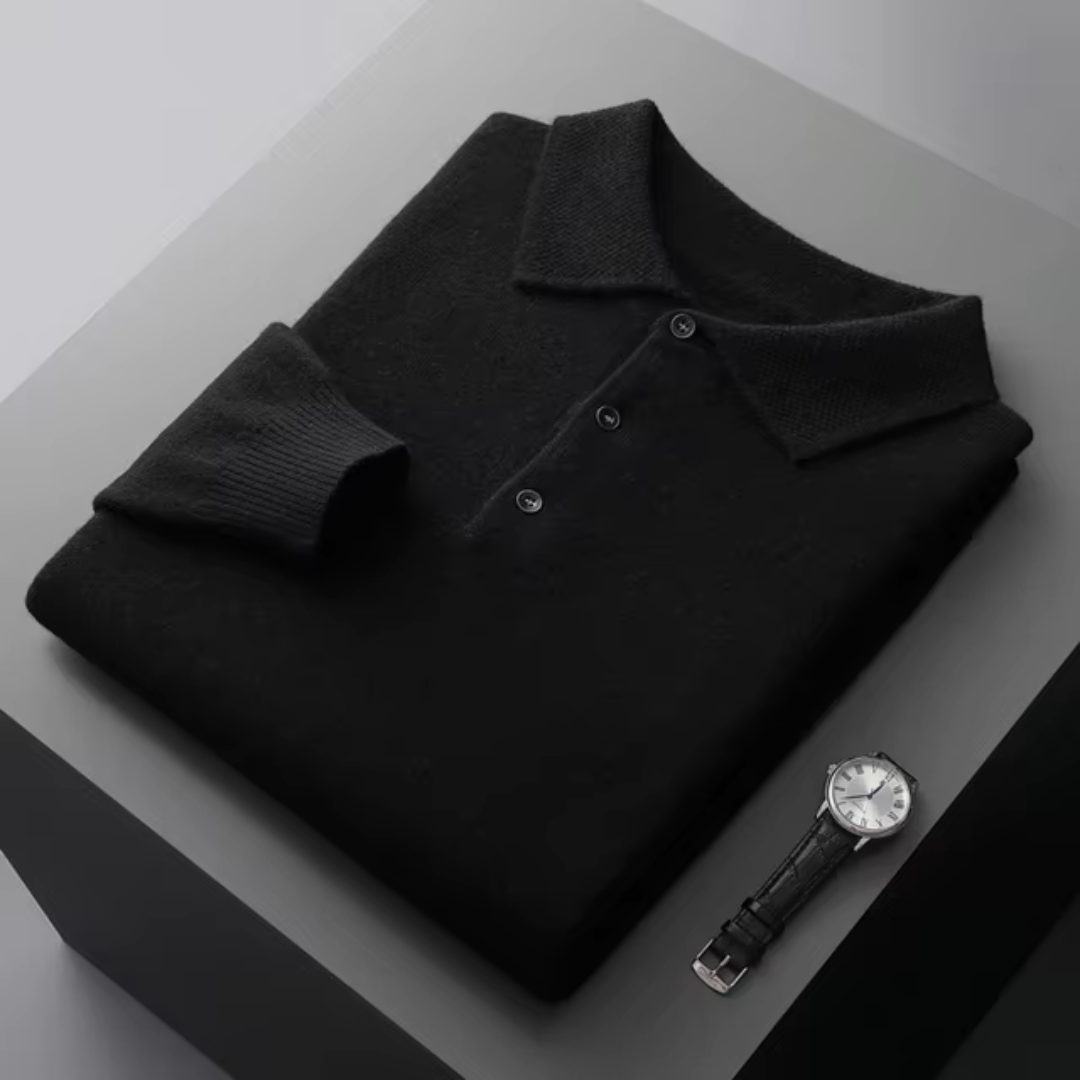 Men's merino wool polo sweater standard fit classic ribbed edges button closure neutral tone