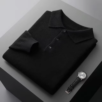 Men's merino wool polo sweater standard fit classic ribbed edges button closure neutral tone