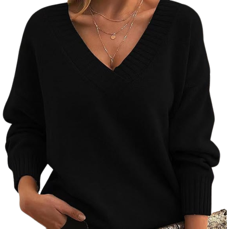 Cream wool-blend relaxed fit v-neck sweater with cozy knit texture for women