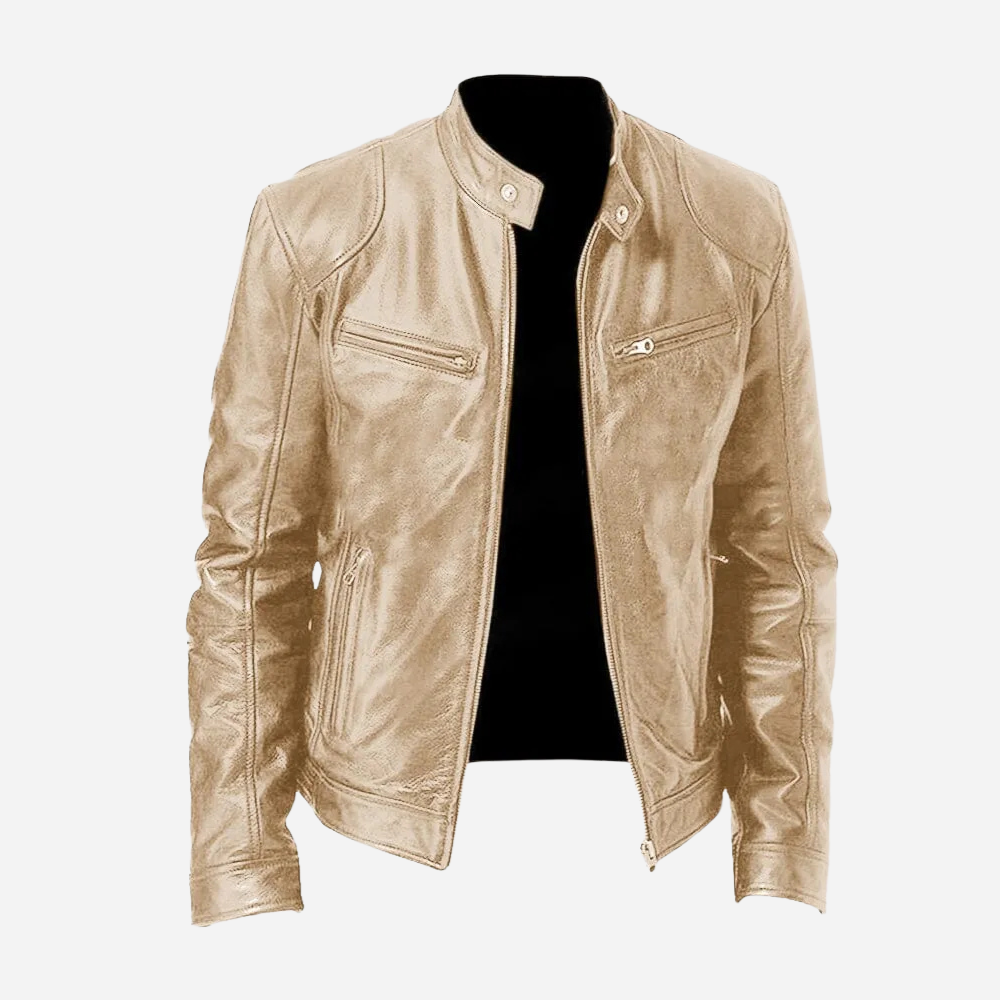 Men's black genuine leather slim fit biker jacket with snap tab collar and zipper closure