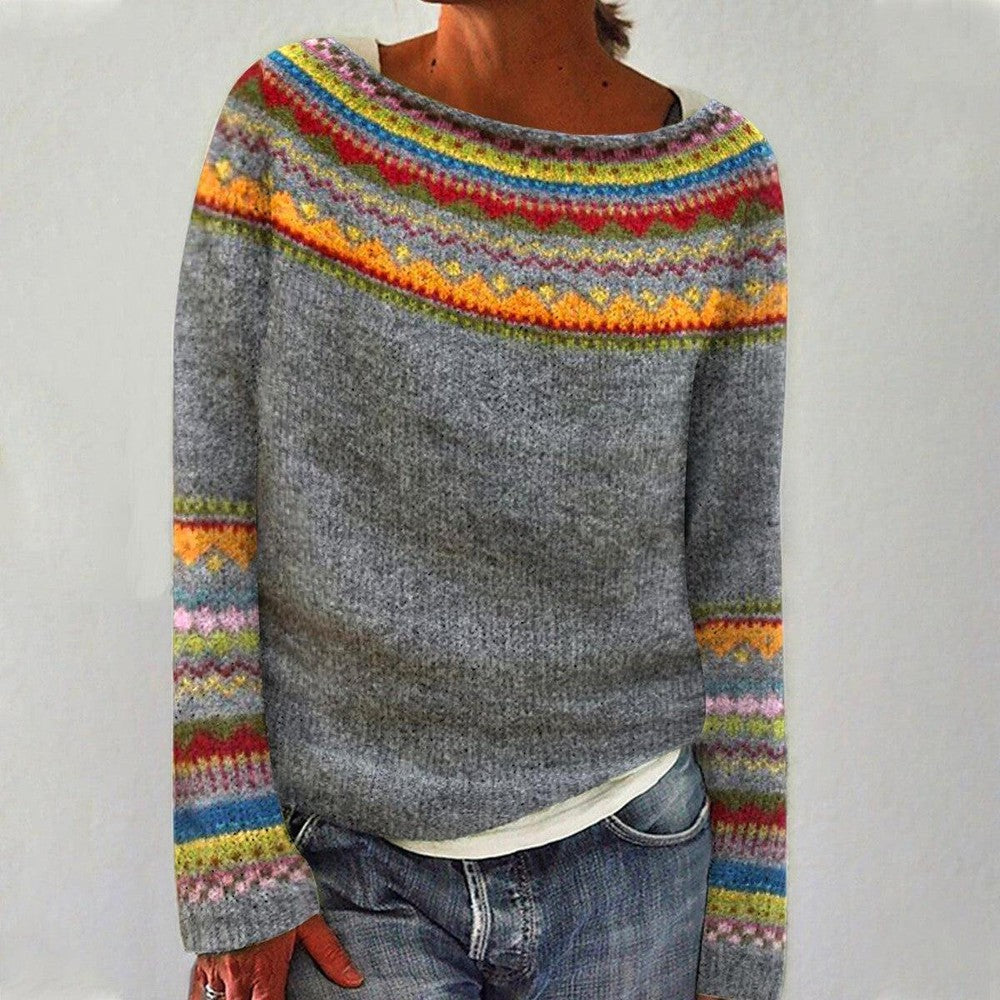 Women's merino wool Fair Isle sweater with colorful neckline and sleeve knit detailing