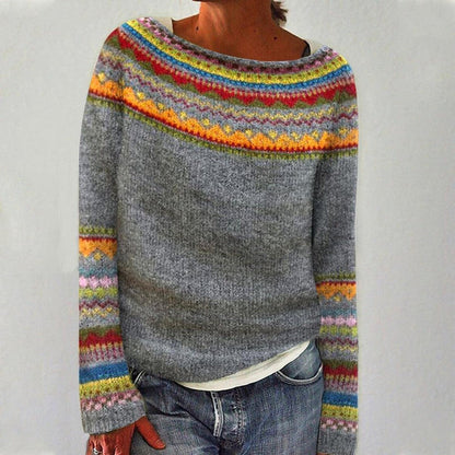 Women's merino wool Fair Isle sweater with colorful neckline and sleeve knit detailing