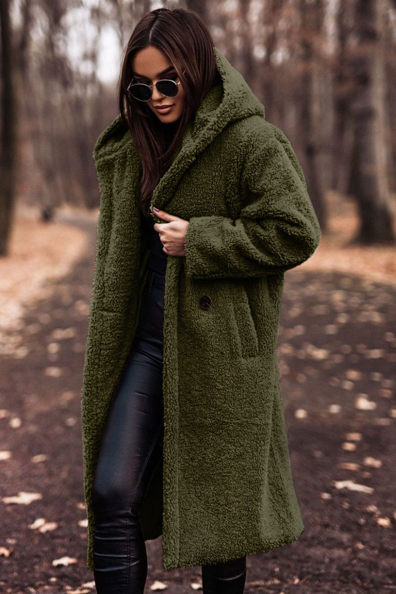 Women's beige teddy coat relaxed mid-calf length hooded outerwear cozy oversized silhouette