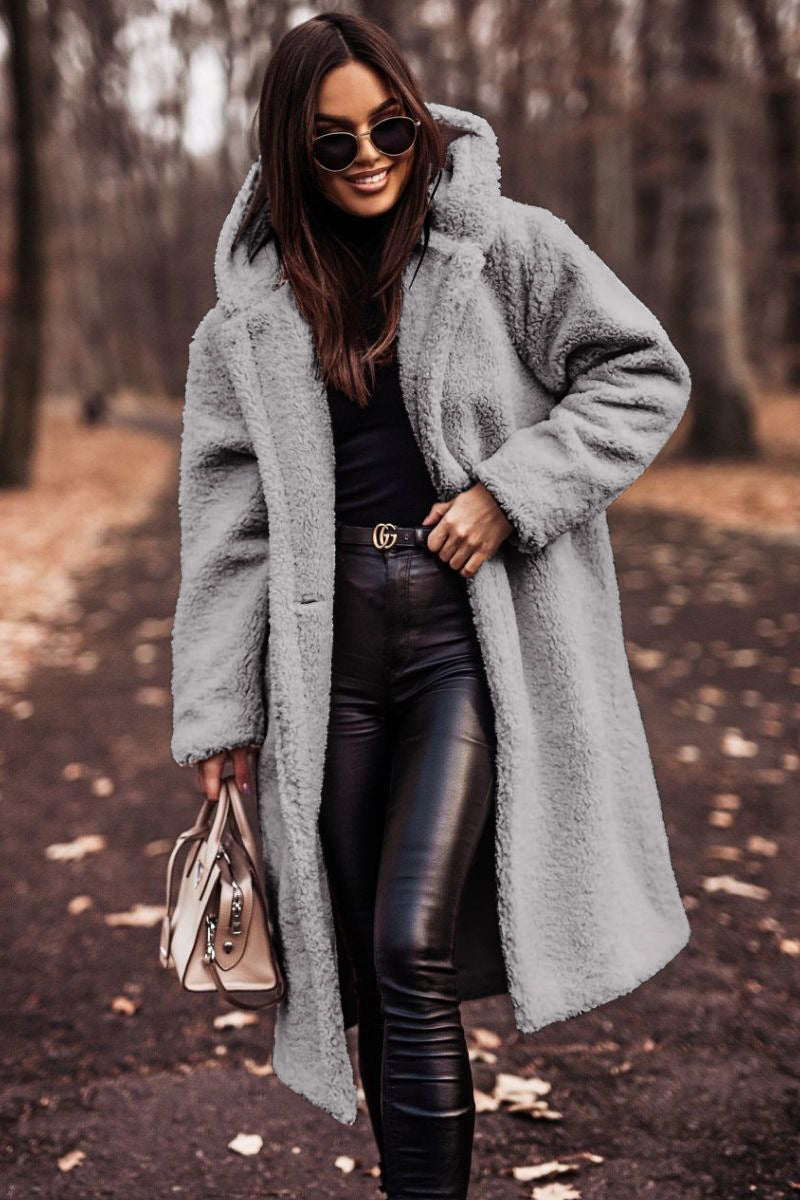 Women's camel teddy coat relaxed mid-calf length hooded cozy outerwear with plush sherpa texture