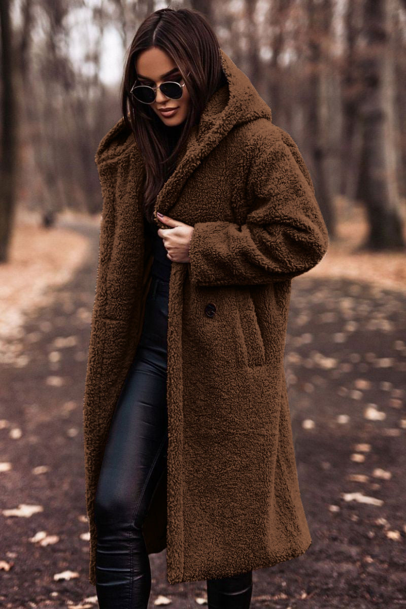 Women's tan teddy coat relaxed mid-calf length hooded outerwear with cozy plush texture
