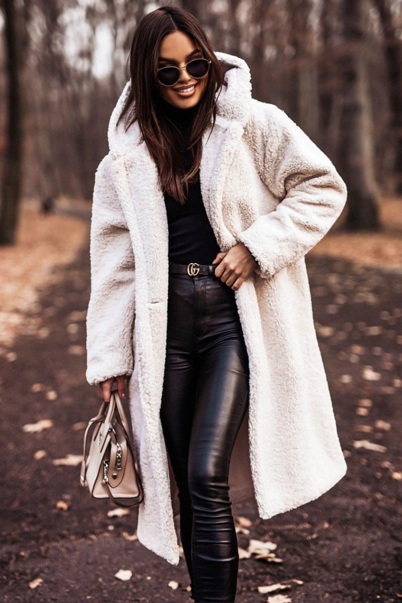 Women's beige teddy coat relaxed mid-calf length hooded cozy outerwear for fall