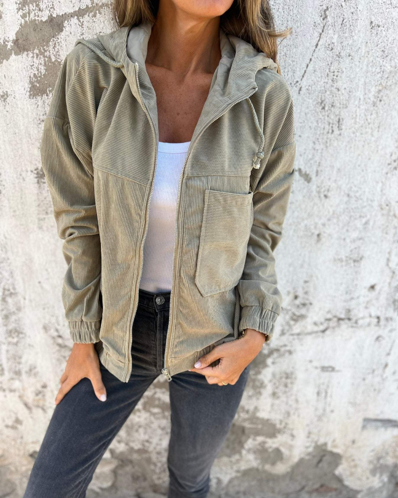 Tan corduroy hooded jacket with relaxed fit and retro texture, Brooklyn vintage-inspired everyday layer