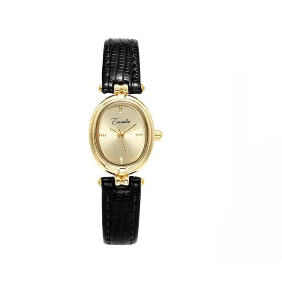 Golden Hour retro quartz watch with sleek gold dial, vegan leather strap, lightweight design
