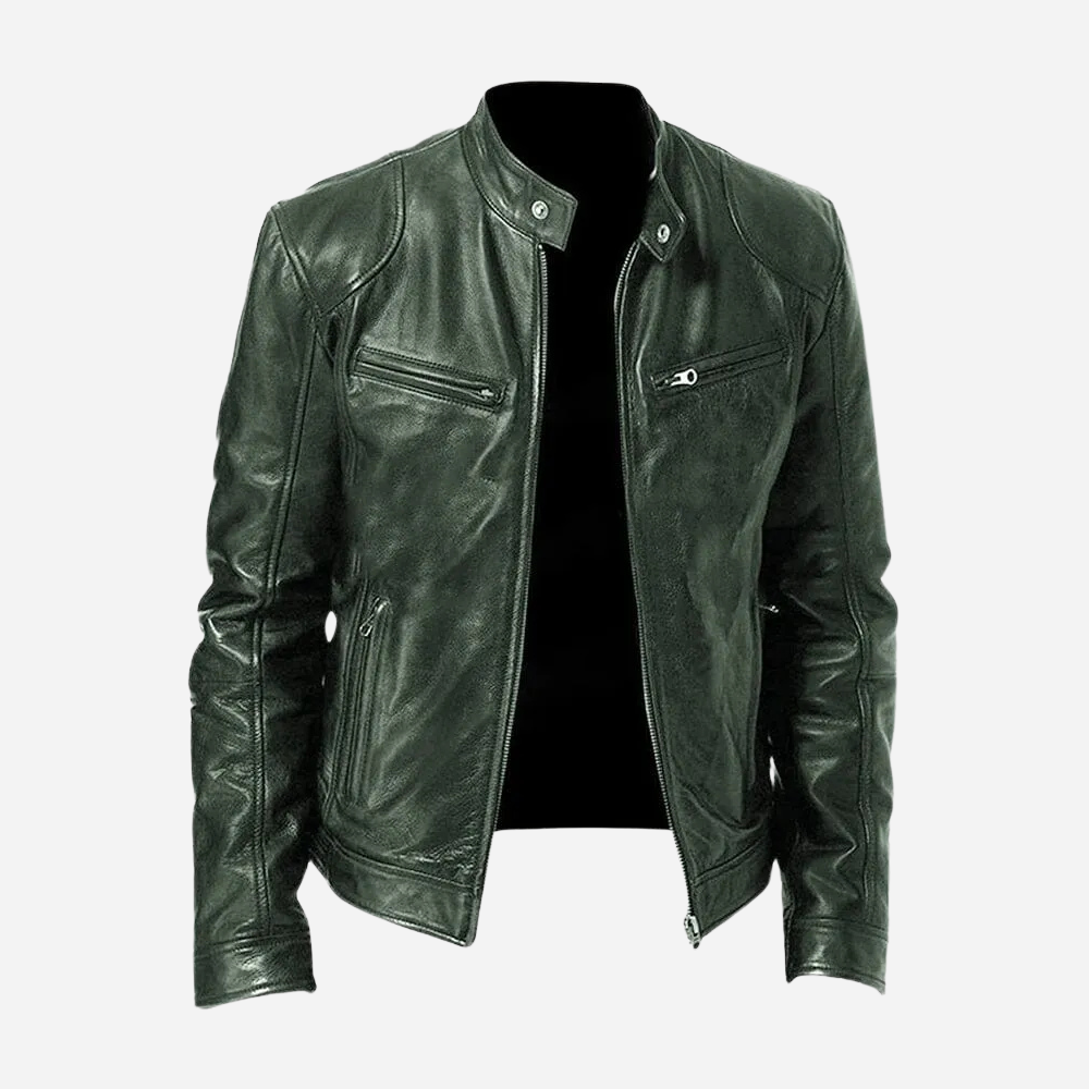 Men's black genuine leather slim fit biker jacket with snap tab collar and zipper closure
