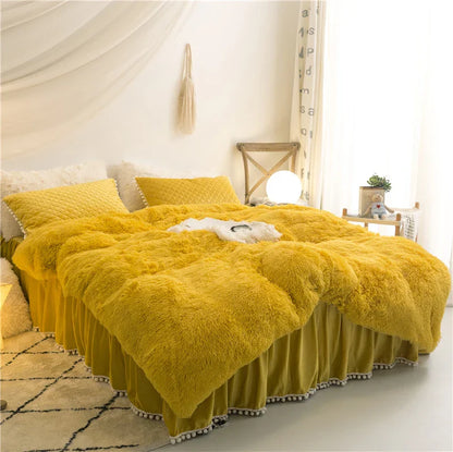 Ivory plush velvet duvet cover set with quilted pillow covers, soft contemporary bedding