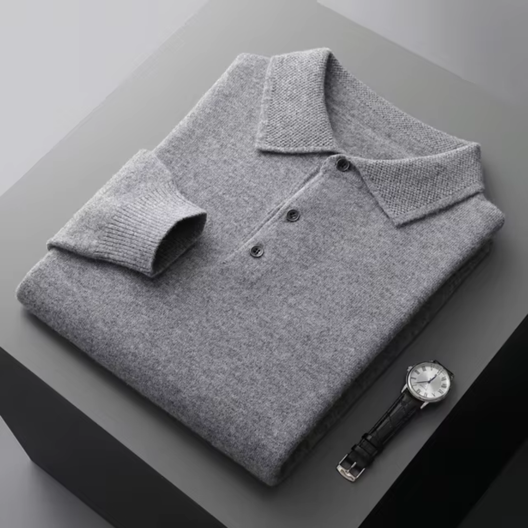 Men's merino wool polo sweater standard fit with button closure and ribbed edges classic style