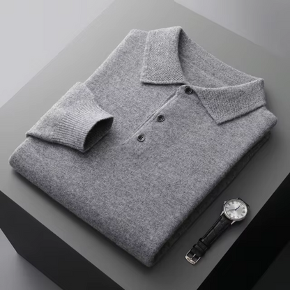 Men's merino wool polo sweater standard fit with button closure and ribbed edges classic style