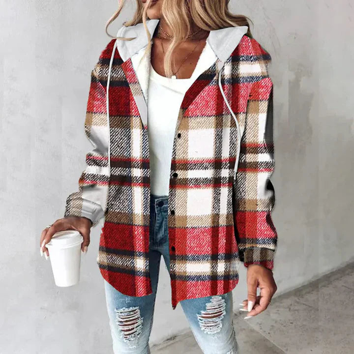 Women's checkered lined cardigan draped fit cozy autumn style with curve-flattering silhouette