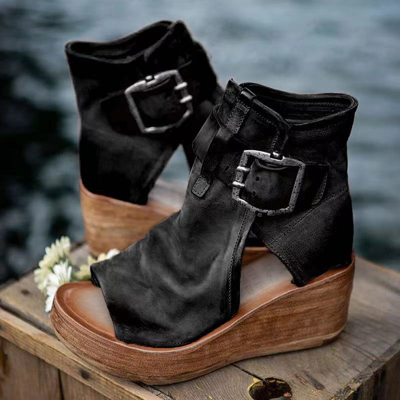 Boho wedge sandals with buckle strap in neutral tones, comfort cushioned sole for all-day comfort
