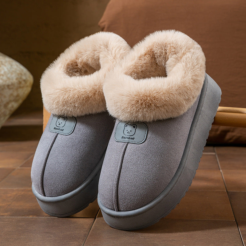 Women's beige slip-on bootie slippers with plush lining and platform sole for cozy at-home wear