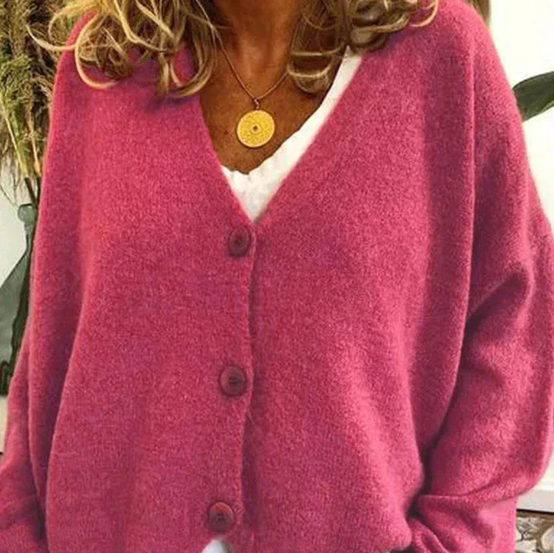 Women's loose fit V-neck cozy knit cardigan in classic style with button front closure