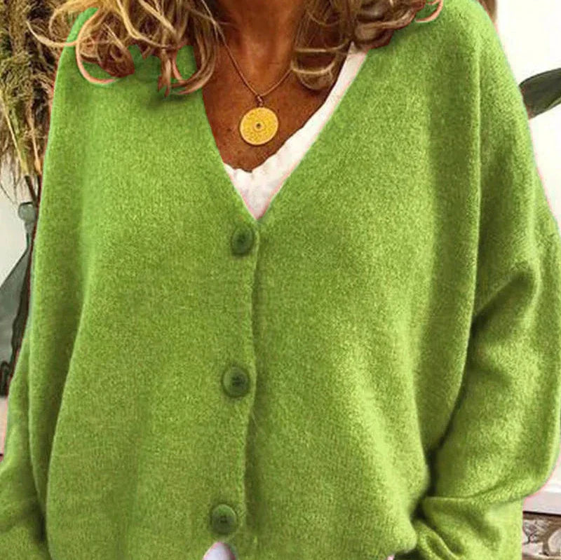 Women's loose fit V-neck cozy knit cardigan in classic style with button front closure for effortless layering