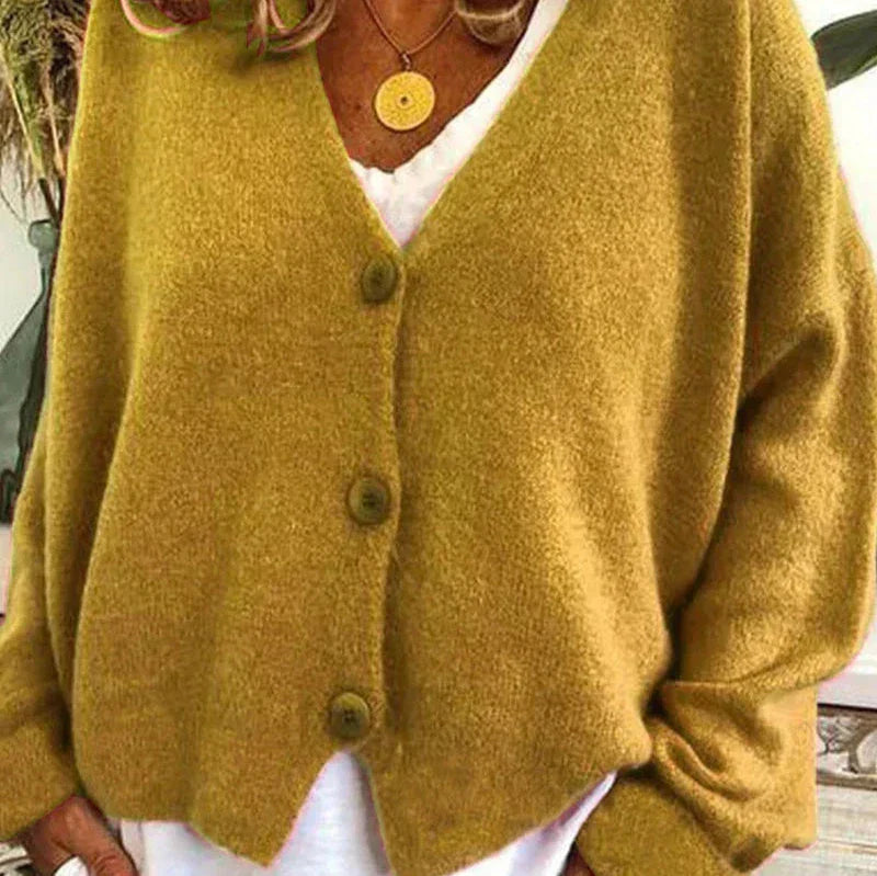 Claire women's loose fit V-neck cozy knit cardigan in neutral tones with classic button front