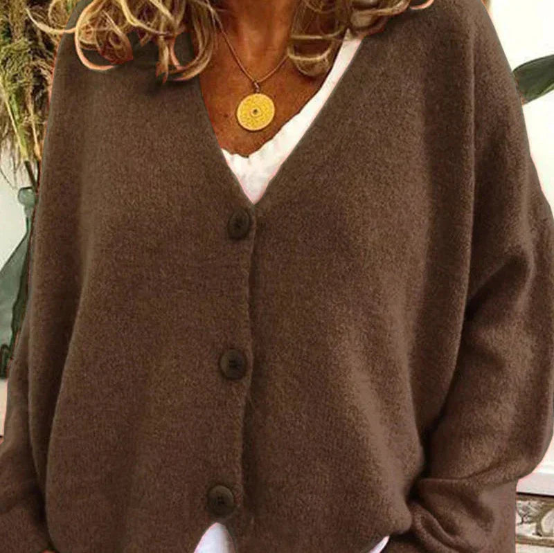 Women's loose fit V-neck cozy knit cardigan in classic style with button front closure
