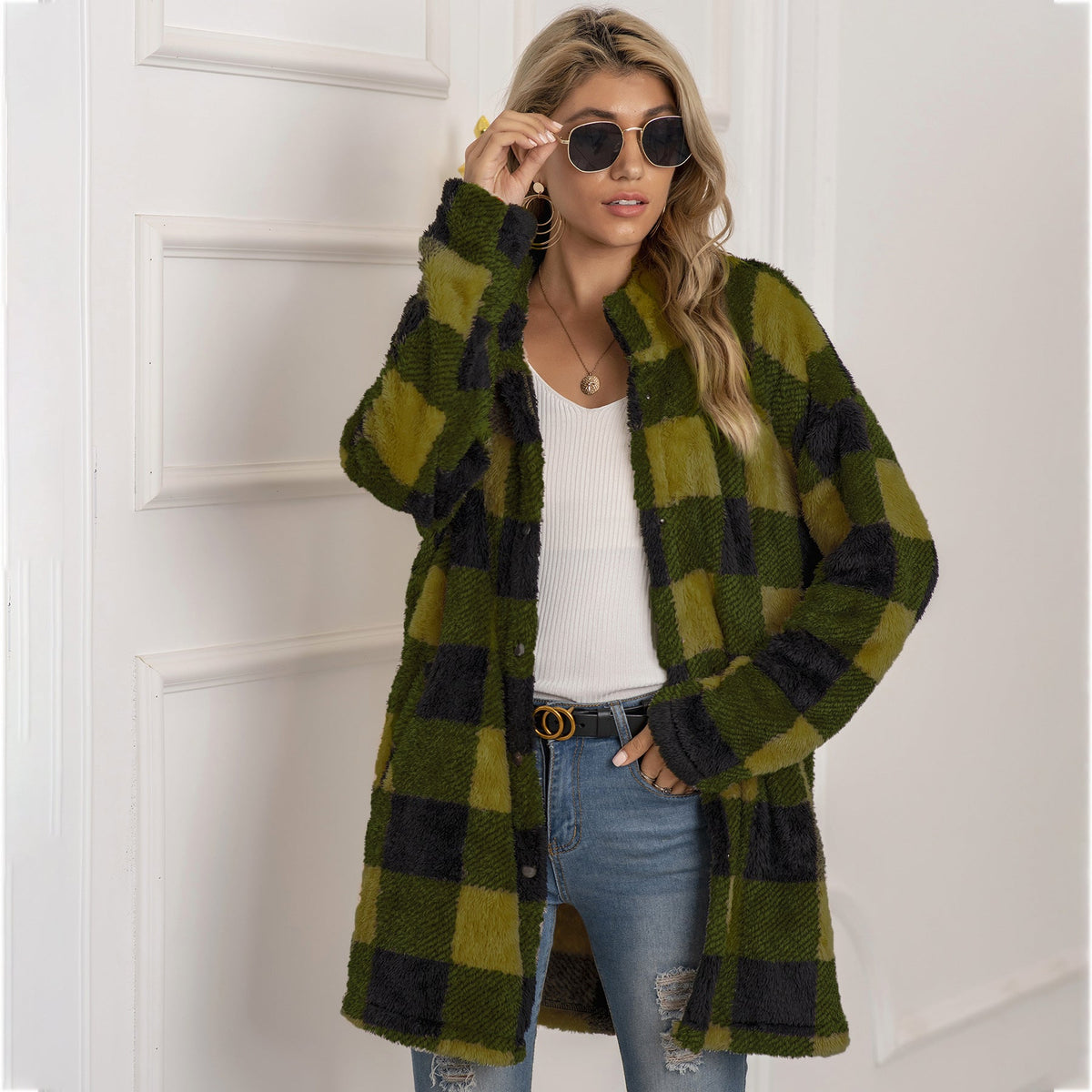 Women's longline colorblock plaid fleece coat, cozy winter essential with bold multicolor pattern