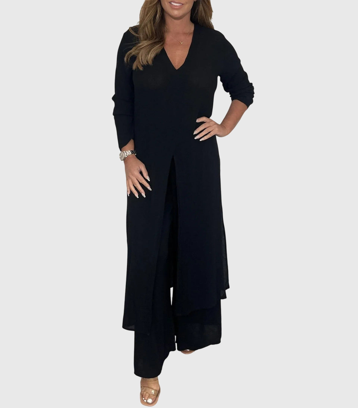 Cream open-front duster cardigan two-piece set with wide-leg pants, flowing elegant silhouette