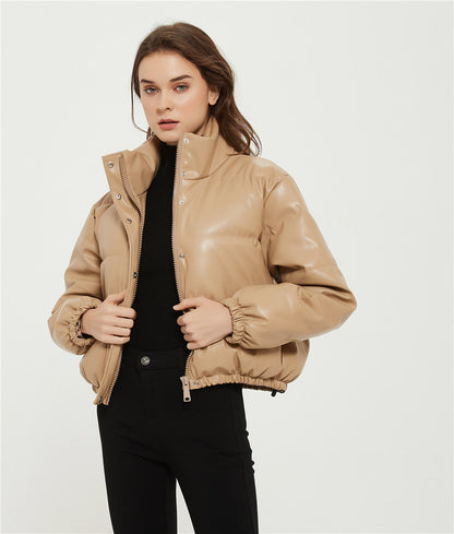 Wavlynn unisex short puffer parka PU exterior cotton insulation warm winter coat sleek silhouette