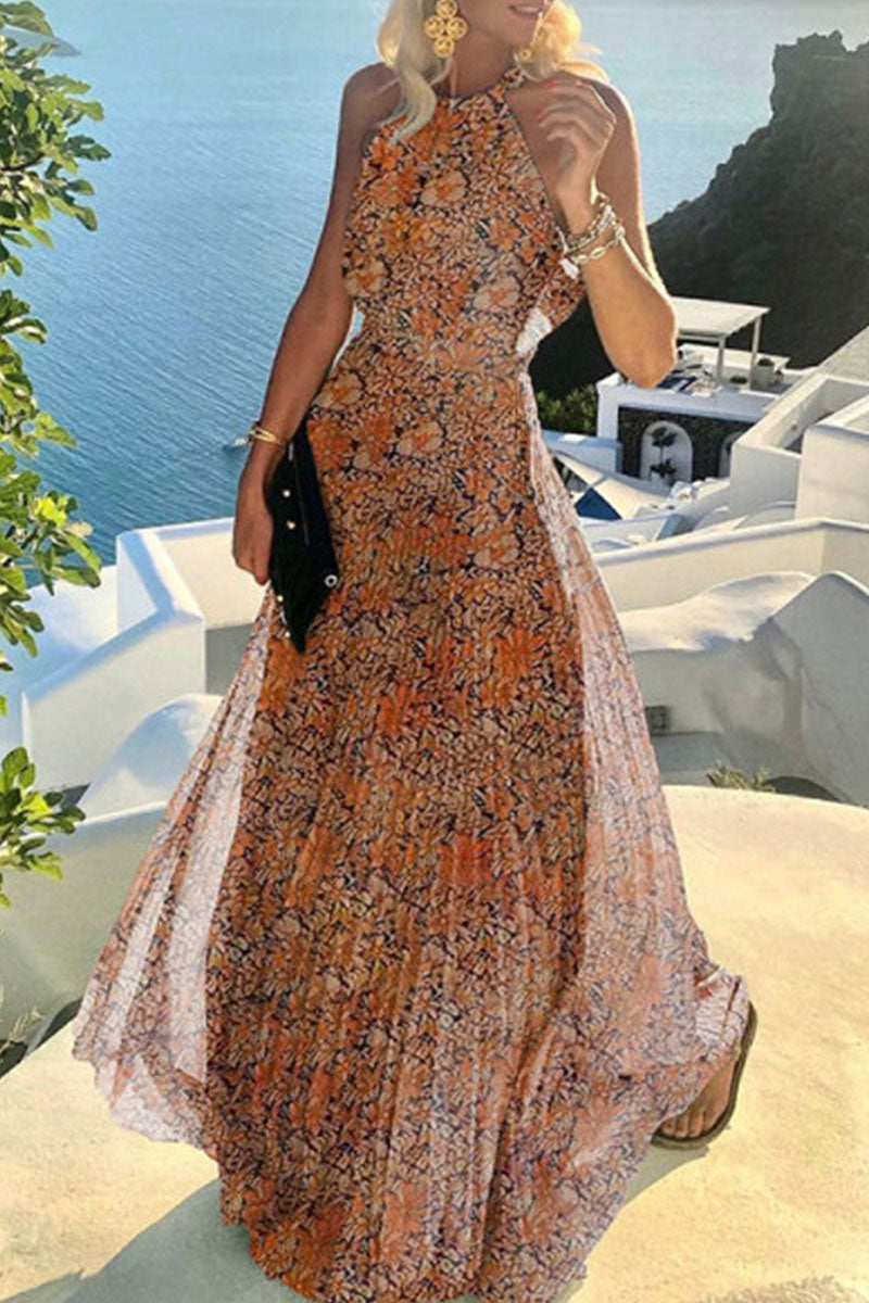 Women's white polka dot halterneck maxi dress elegant A-line cut light airy summer silhouette