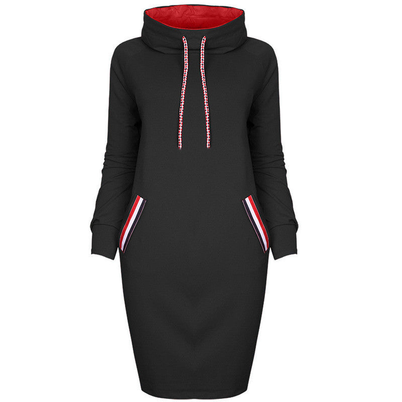 Women's black hooded winter pencil dress slim-fit silhouette with built-in hood for elegant warmth