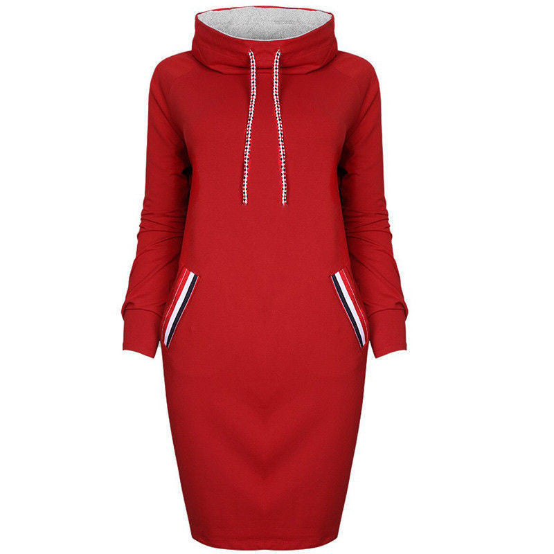 Women's black hooded winter dress slim pencil silhouette with front pockets for elegant warmth
