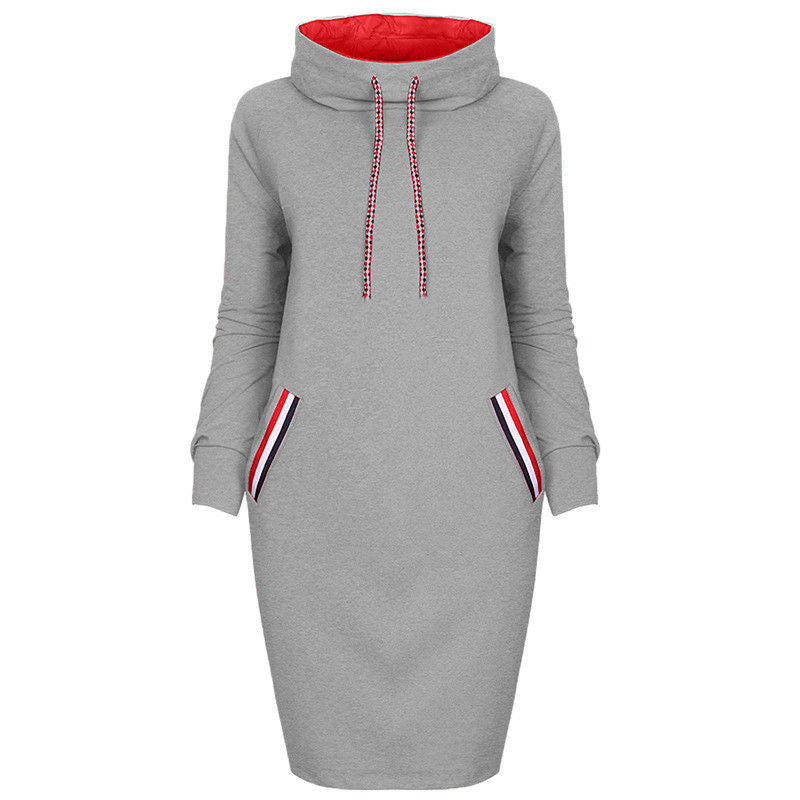 Women's black hooded winter dress slim pencil silhouette with front pockets for elegant warmth