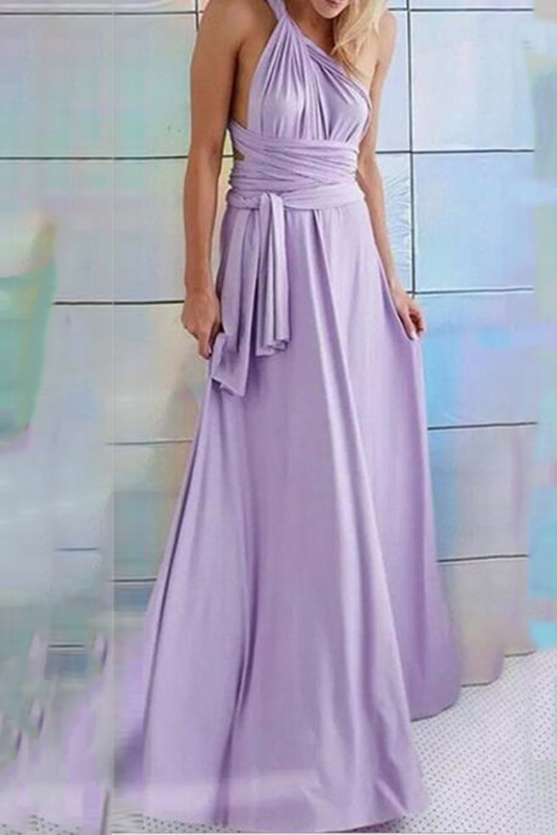 Women's elegant floor-length halterneck A-line party dress in solid color with daring high slit