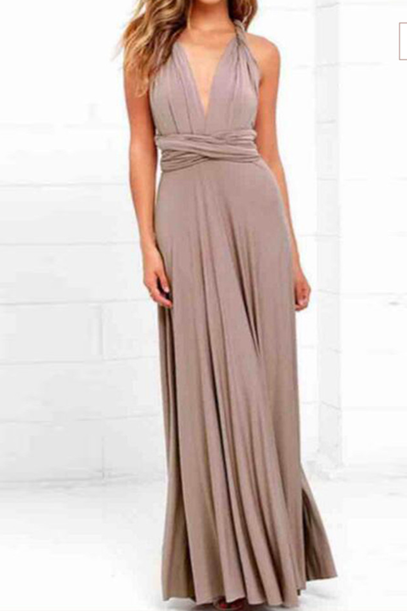 Women's elegant floor-length halterneck A-line party dress in solid color with daring high slit