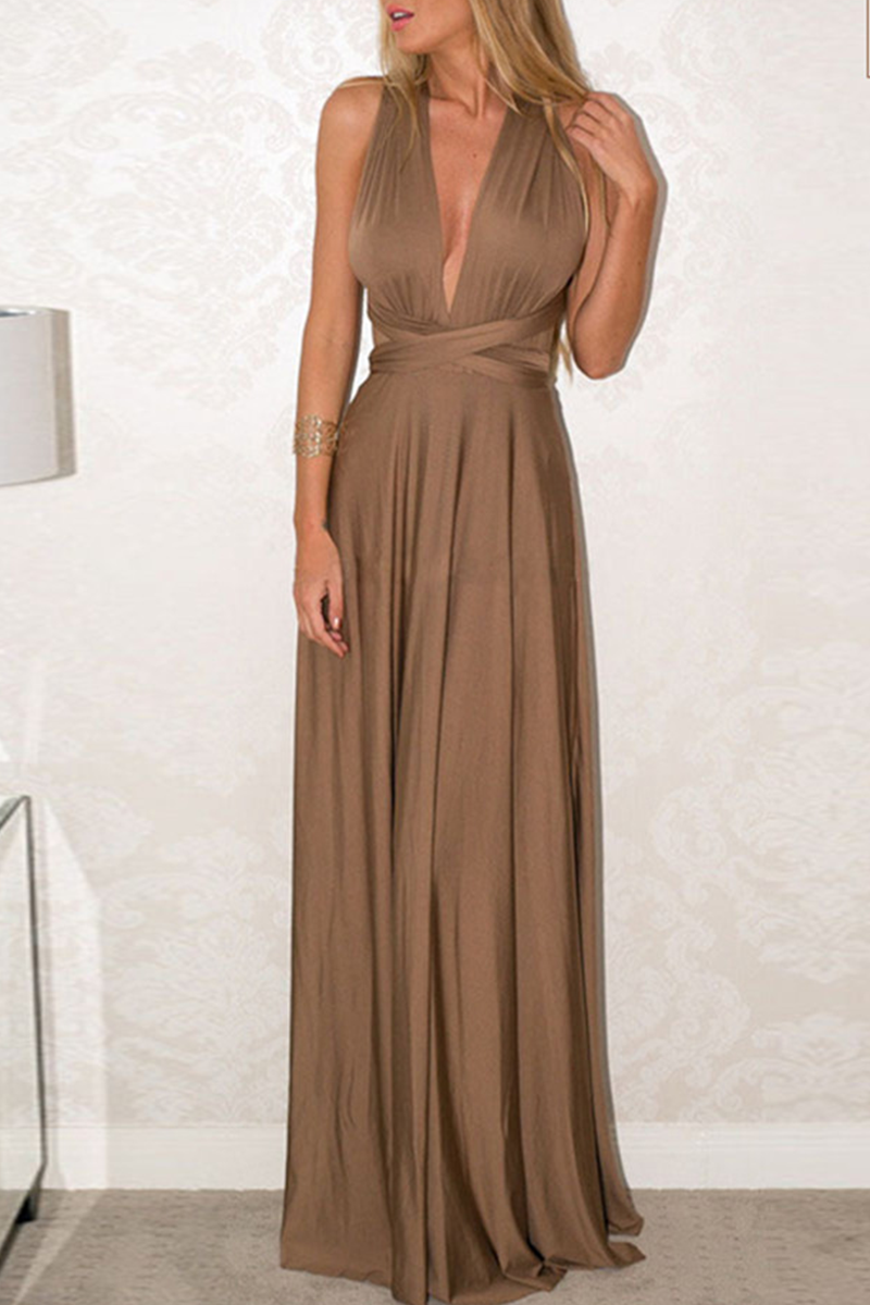 Women's elegant floor-length halterneck A-line party dress in solid color with daring high slit
