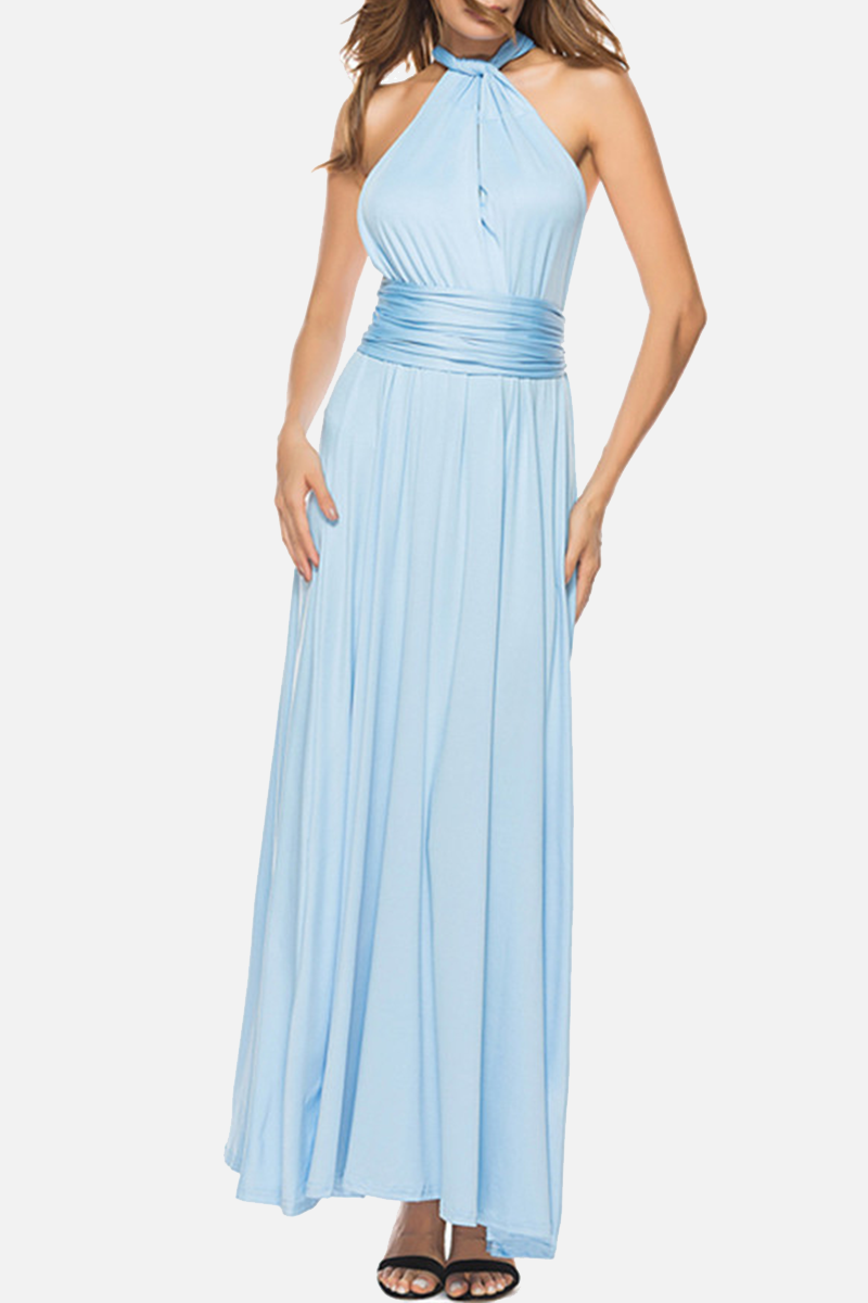 Women's elegant floor-length halterneck A-line party dress with daring high slit, classic silhouette