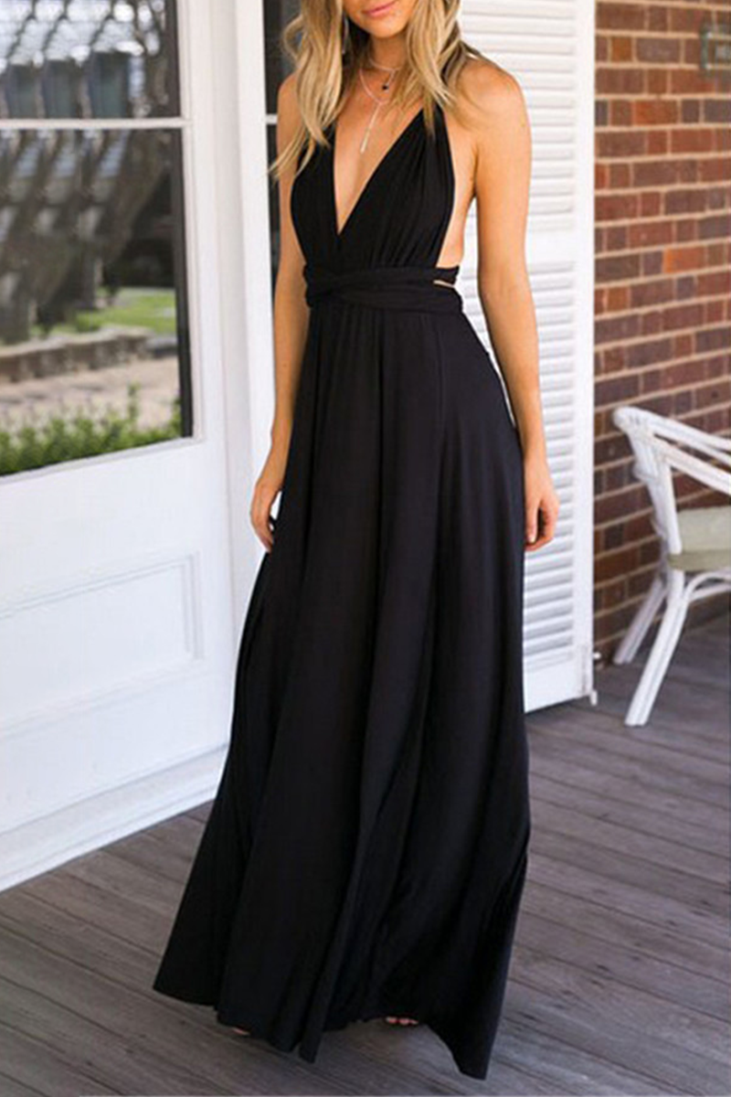 Women's elegant floor-length halterneck A-line party dress in solid color with daring high slit