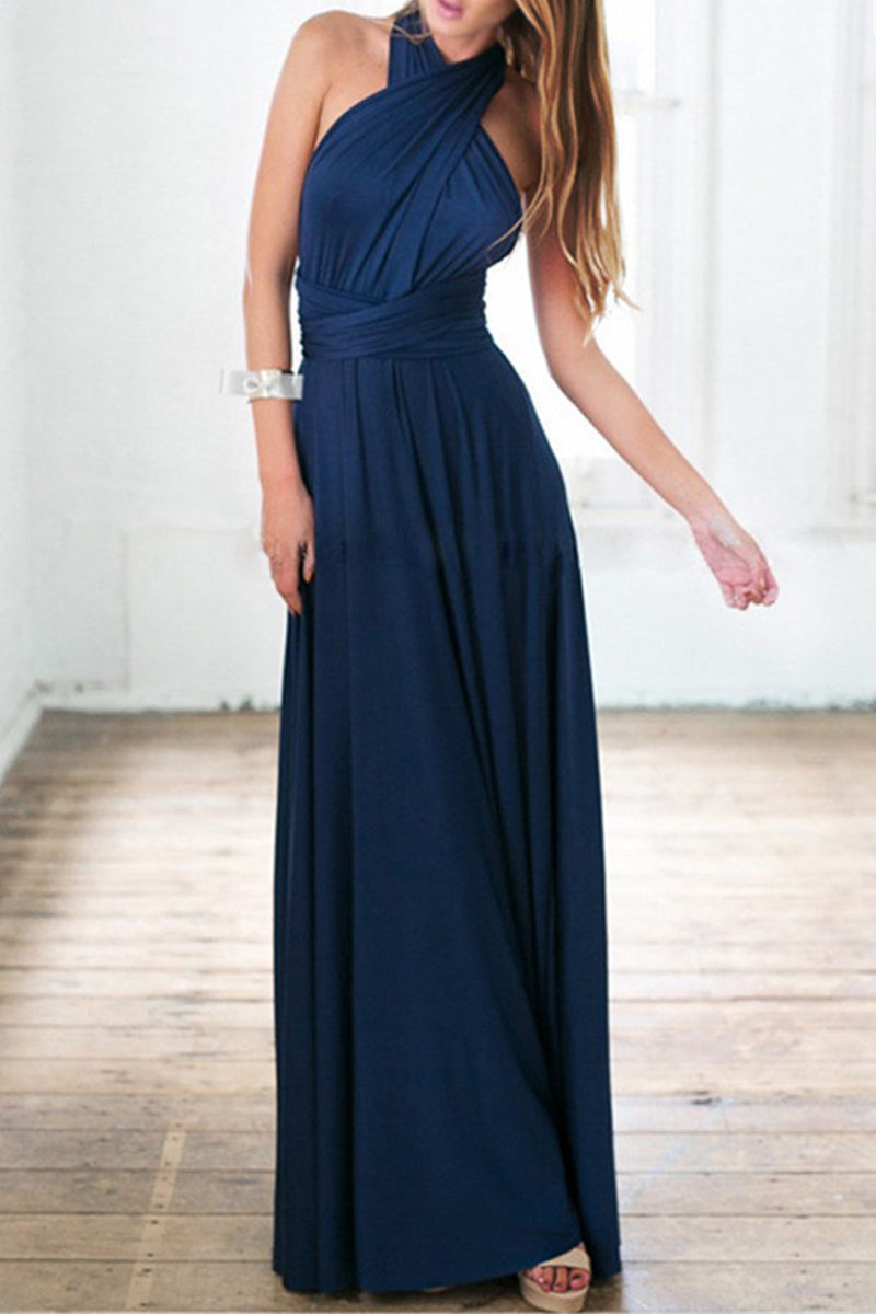 Women's elegant halterneck A-line floor-length party dress with high slit, timeless evening style