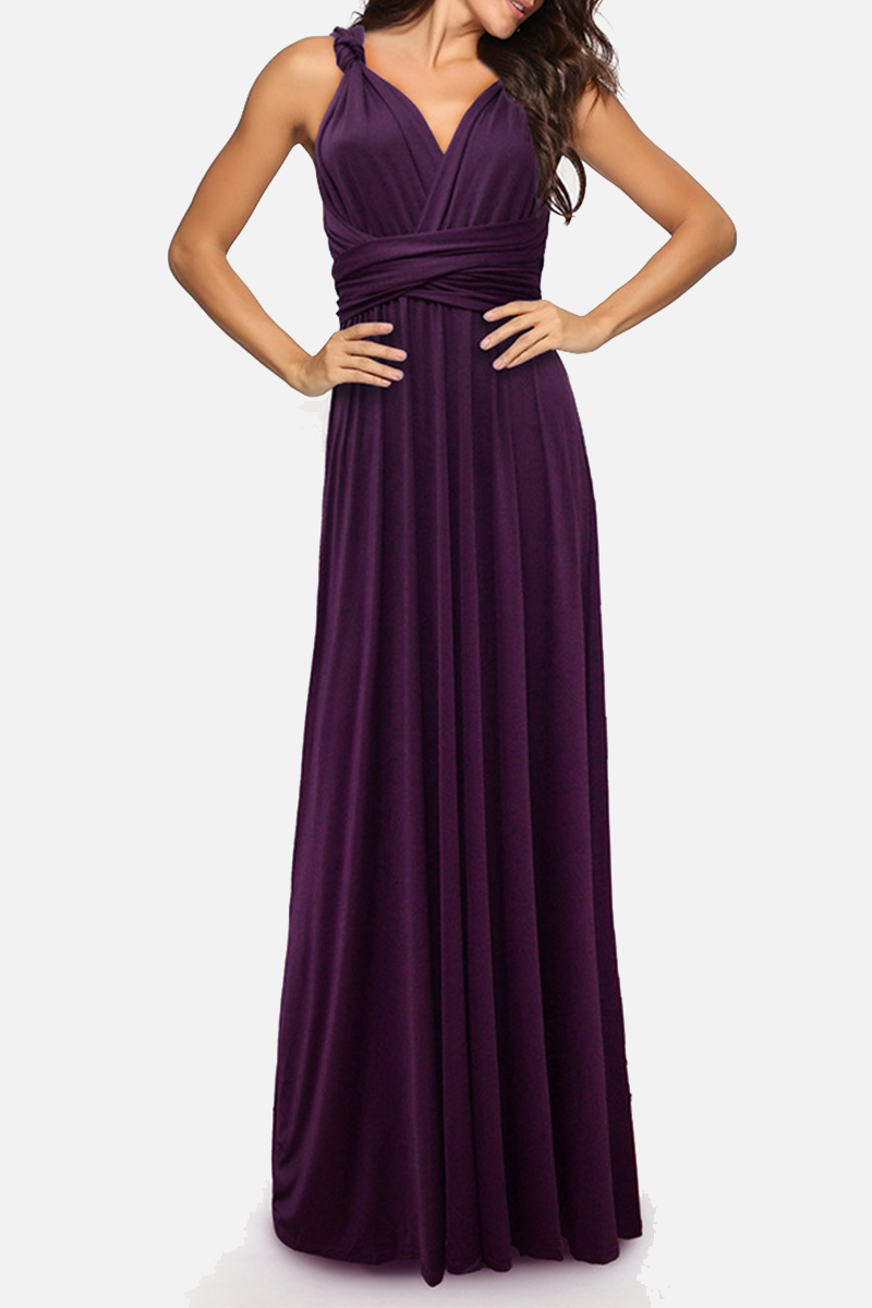 Women's elegant floor-length halterneck A-line party dress in solid color with daring high slit