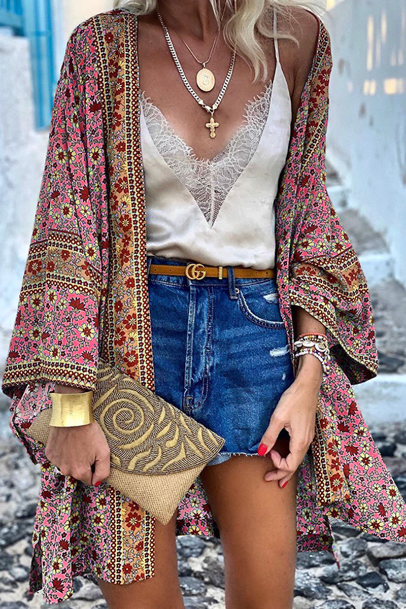 Women's boho kimono cardigan with flowing sleeves, lightweight chiffon, and bohemian print pattern