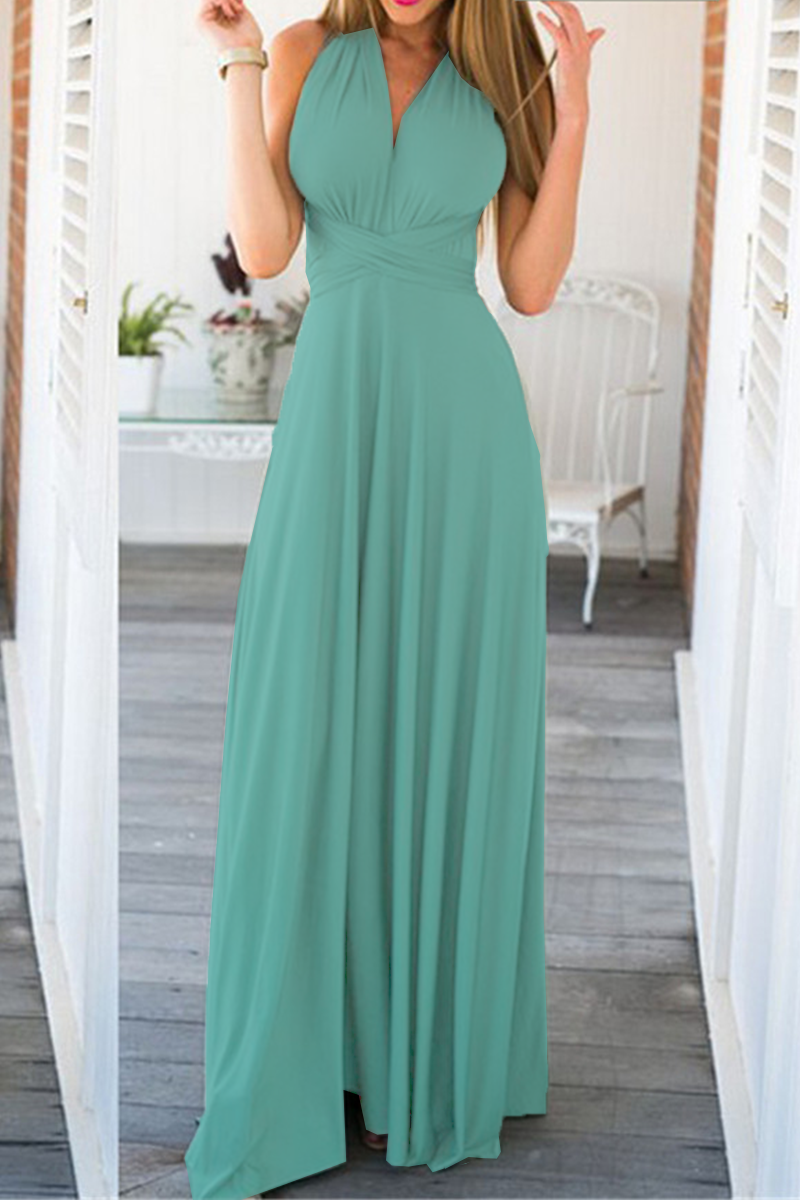 Women's elegant floor-length halterneck A-line party dress with daring high slit, formal evening style