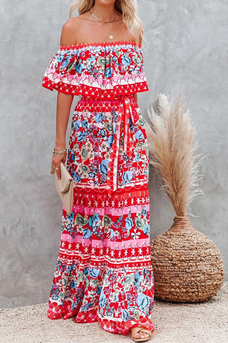 Floral print off-shoulder maxi dress with ruffle detail and tie waist, boho summer style