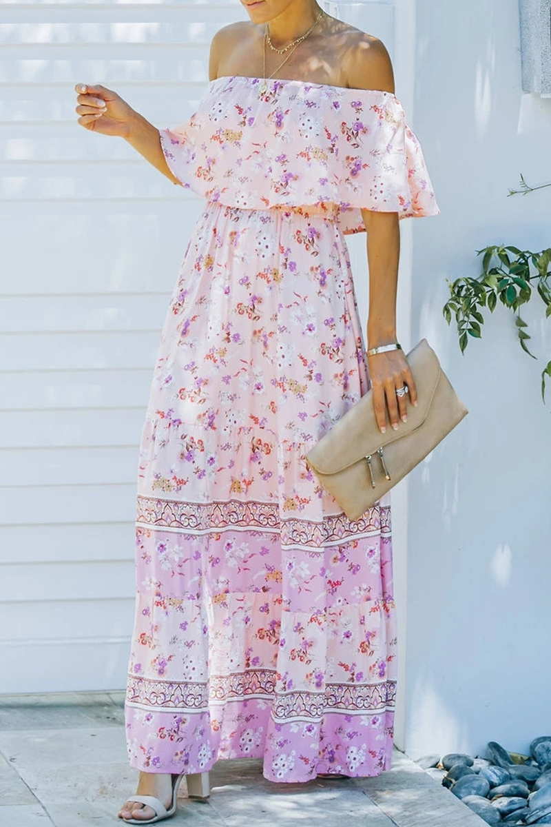 Floral print off-shoulder maxi dress with ruffle detail and waist tie, boho chic summer style