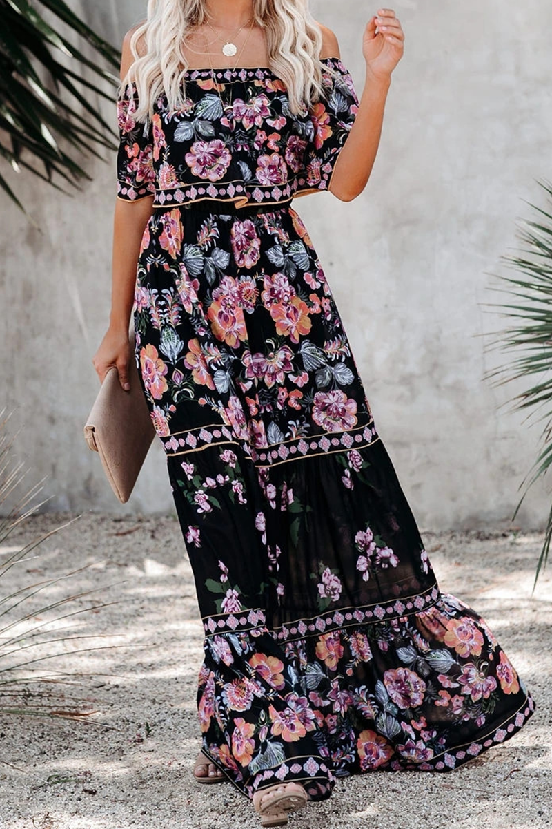 Floral print off-shoulder maxi dress with ruffle detail and waist tie, boho summer style