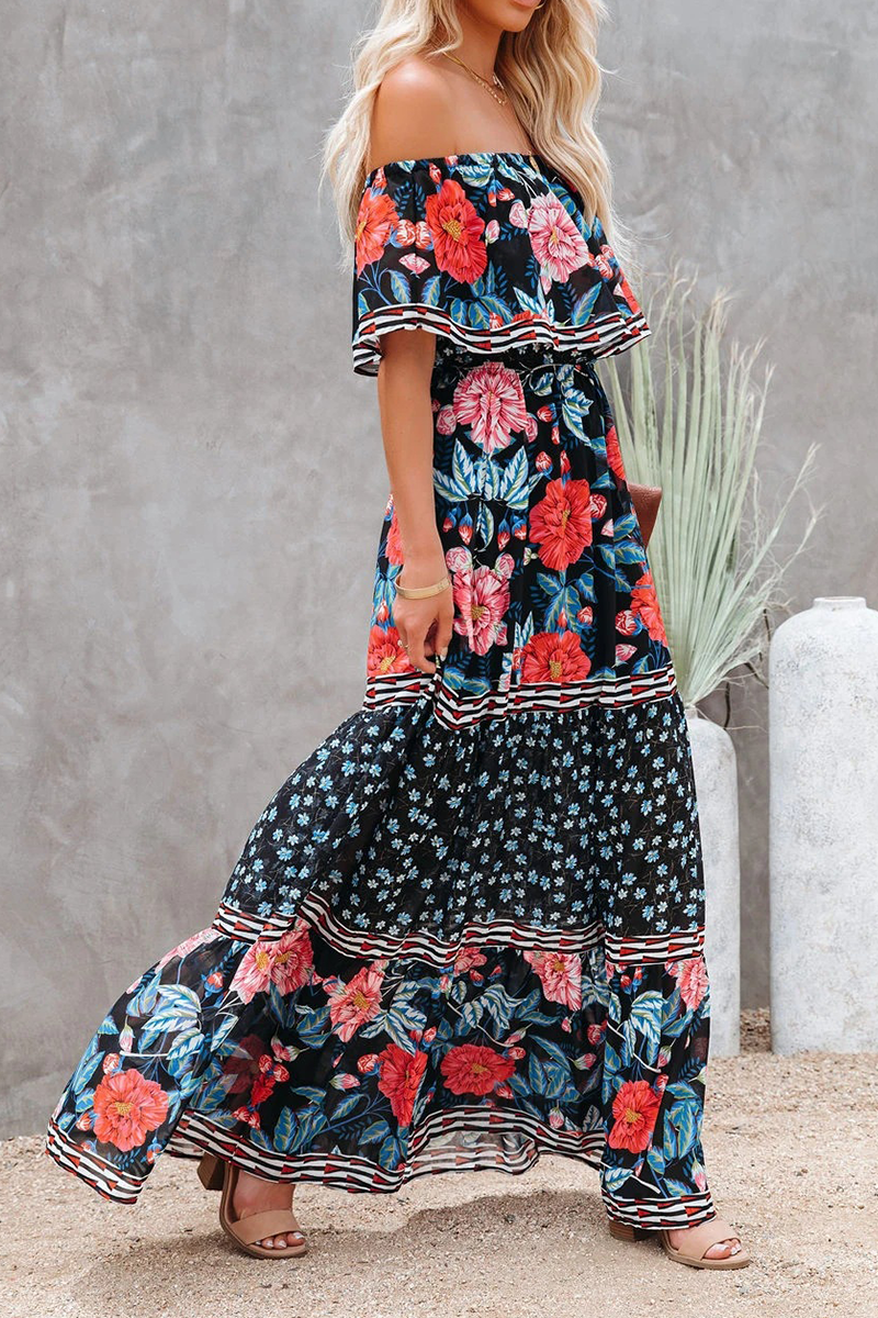 Floral print off-shoulder maxi dress with ruffle detail and waist tie, boho summer style