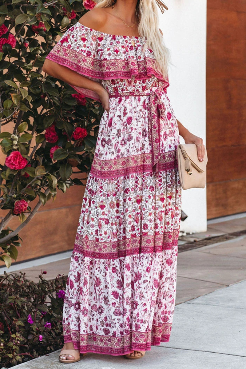 Floral print women's maxi dress, off-shoulder ruffle neckline with waist tie, boho summer style