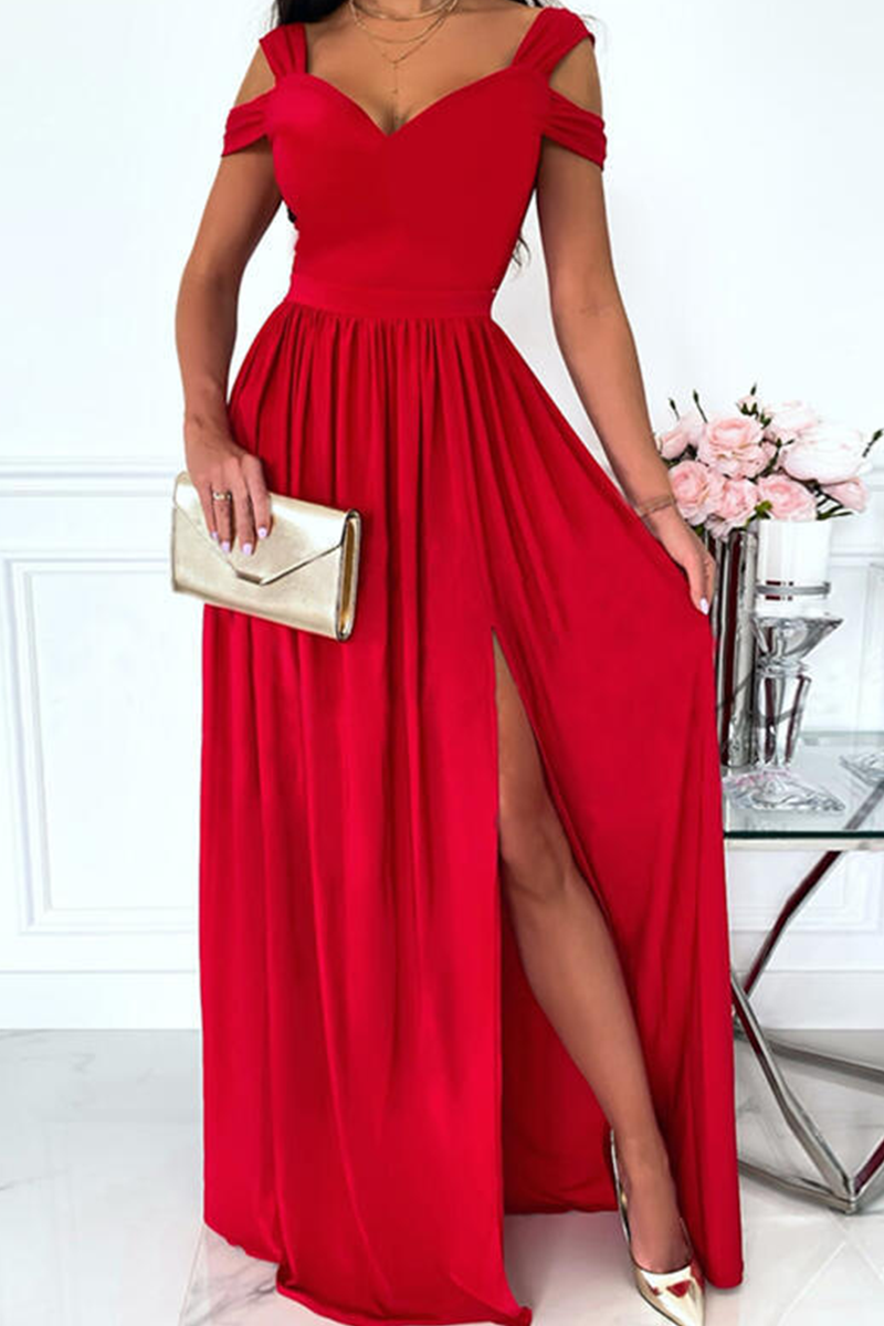 Women's black off-shoulder V-neck evening gown with elegant side slit and flowing maxi skirt